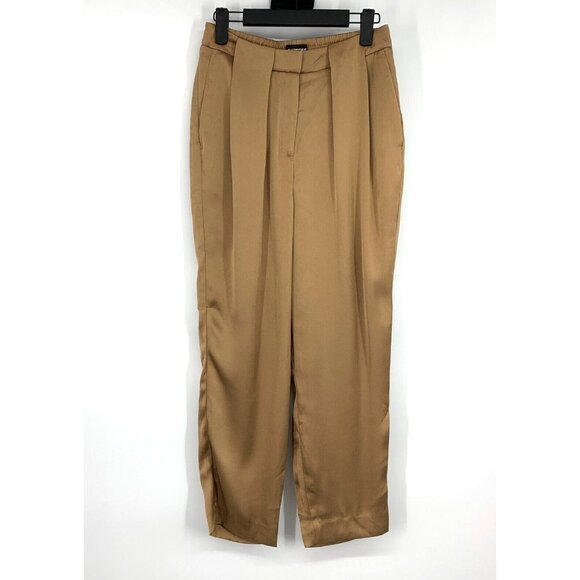 Express Pants Satin High Rise Straight Leg Pleated Ankle Crop Brown - Picture 1 of 10